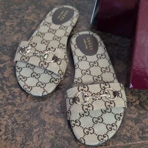 Gucci Women's Monogram Beige Slide Sandals